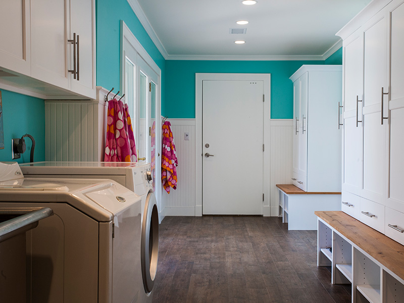 white and turquoise laundry room