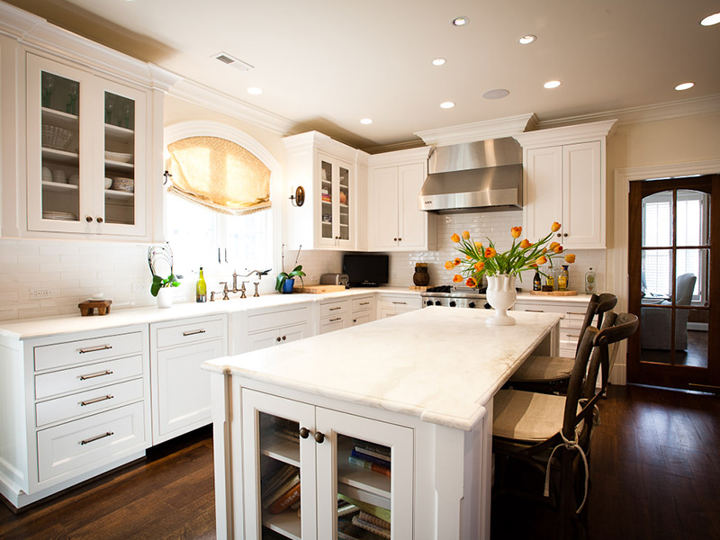 white kitchen island with marble counter top