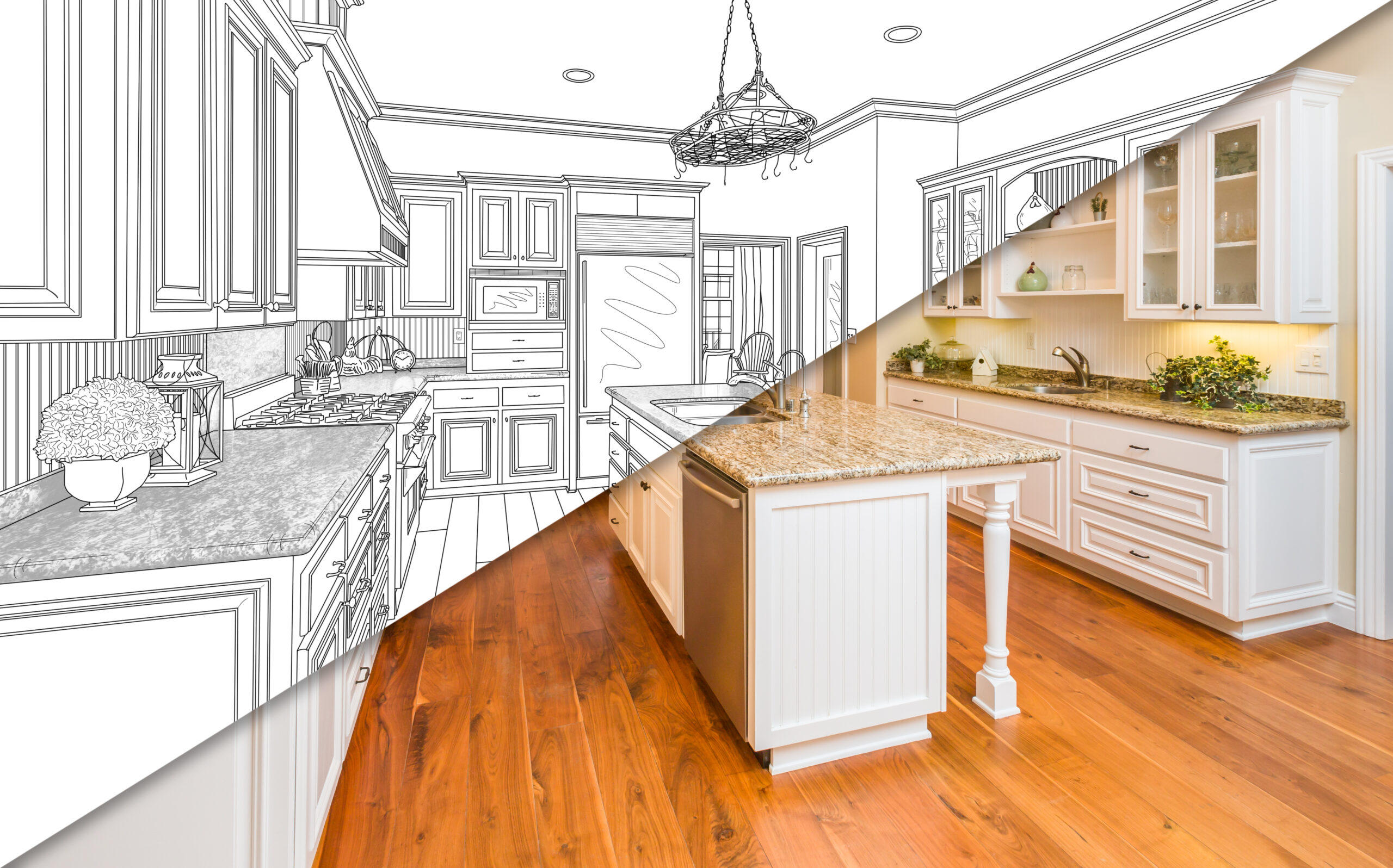 Split image showing a kitchen design from sketch to reality. Left side is a black-and-white drawing; right side is a fully furnished, bright kitchen.